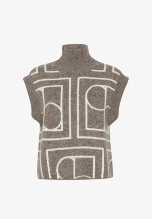 Strick-Turtleneck-Pullover aus weichem grauem Wolle, mit abstrakten weißen geometrischen Mustern und kurzen Ärmeln mit geripptem Kragen.