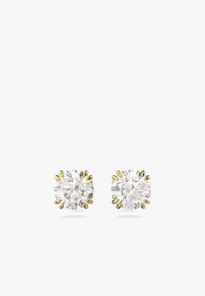 Runde diamant stud øreringe, med fire-prongs guldindstillinger, klare sten, polerede overflader, symmetrisk design, med en skinnende guldfinish.