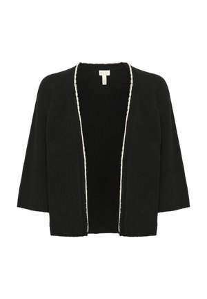 Black knitted cardigan with three-quarter sleeves, open front, and light-colored trim along the edges. Textured fabric and relaxed fit.