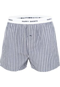 Bokserihousut tummansinisyissä ja valkoisissa pystyraitoissa, joissa on valkoinen vyötärönauha, jossa lukee "HAPPY SHORTS" sekä etupuolella nappi.