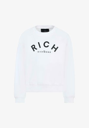 Biała bluza z okrągłym dekoltem, z czarnym napisem "RICH" oraz "JOHN RICHMOND" w pogrubionej czcionce. Miękki materiał bawełniany.