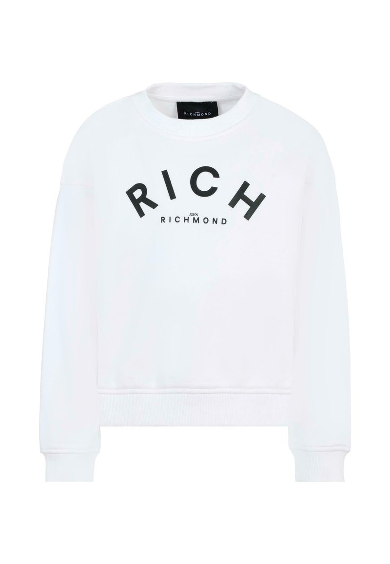 Felpa bianca con scollo rotondo, caratterizzata da testo nero che recita "RICH" e "JOHN RICHMOND" in un carattere in grassetto. Materiale in cotone morbido.