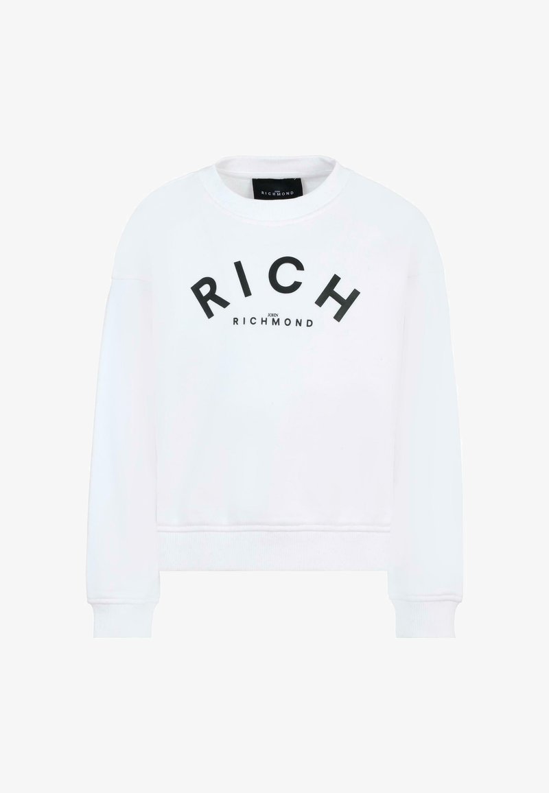 Felpa bianca con scollo rotondo, caratterizzata da testo nero che recita "RICH" e "JOHN RICHMOND" in un carattere in grassetto. Materiale in cotone morbido.