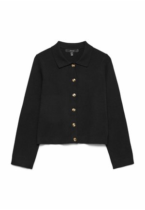 Black cropped cardigan with a collar, constructed from soft fabric. Features gold buttons down the front and long sleeves. Simple design.