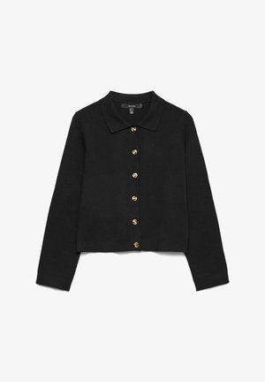 Gilet noir court avec col, réalisé en tissu doux. Présente des boutons dorés sur le devant et des manches longues. Design simple.