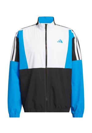 Ζακέτα με φερμουάρ σε μπλοκ χρωμάτων, που περιλαμβάνει λευκά, μπλε και μαύρα πάνελ· ελαστικά μανίκια· και μικρό μπλε λογότυπο στο πάνω αριστερό μέρος του στήθους.