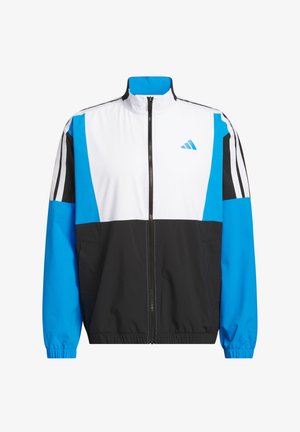 Ζακέτα με φερμουάρ σε μπλοκ χρωμάτων, που περιλαμβάνει λευκά, μπλε και μαύρα πάνελ· ελαστικά μανίκια· και μικρό μπλε λογότυπο στο πάνω αριστερό μέρος του στήθους.