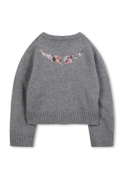 Grijs gebreid sweater met kleurrijke abstracte bloemenborduursels nabij de bovenrug, met lange mouwen en ribgebreide manchetten en zoom.