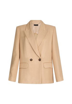 Blazer beige doppiopetto con revers a punte, due tasche frontali e bottoni marroni scuri, realizzato in un tessuto liscio.