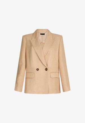 Blazer beige doppiopetto con revers a punte, due tasche frontali e bottoni marroni scuri, realizzato in un tessuto liscio.