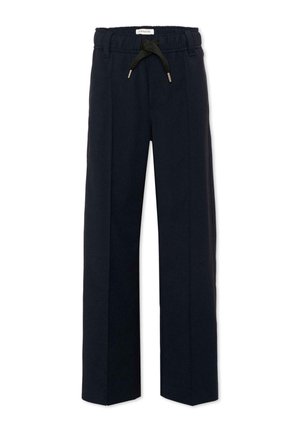 Pantalon bleu marine à jambes droites avec taille élastique et cordons noirs, avec une petite étiquette blanche de la marque à l’intérieur de la taille.
