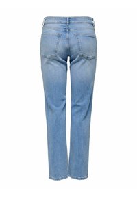 Svijetloplave, ravne trapke oddenima s umjerenim strukom. Imaju dva stražnja džepa i minimalne detalje šivanja. Glatka tekstura.