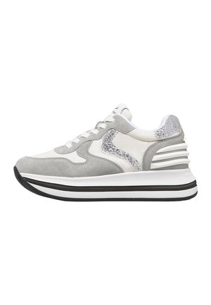 Gray and white athletic sneaker with suede and leather materials, glitter accents, and a layered sole design. Features a lace-up closure.