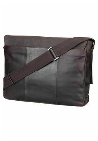 Borsa a messenger in pelle marrone con design piatto, tracolla regolabile e dettagli di cucitura visibili sul lato. Texture liscia, hardware minimale.