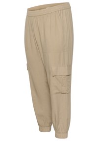 Pantaloni cargo beige con vita elastica, tasche laterali e gambe affusolate. Realizzati in un tessuto leggero con una consistenza liscia.