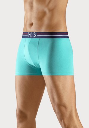 Turquoise stretch boxer shorts with a navy and red striped waistband featuring the text "H.I.S." in white. Soft fabric with smooth texture.