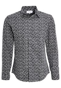Czarna koszula na guziki z białym wzorem liści. Długie rękawy, klasyczny kołnierz, gładki materiał i pięć guzików z przodu.