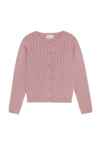 Ljusrosa stickad cardigan med ett texturerat mönster, rund halsringning, långa ärmar och knappstängning fram. Mjuk textil med ribbad nederkant.
