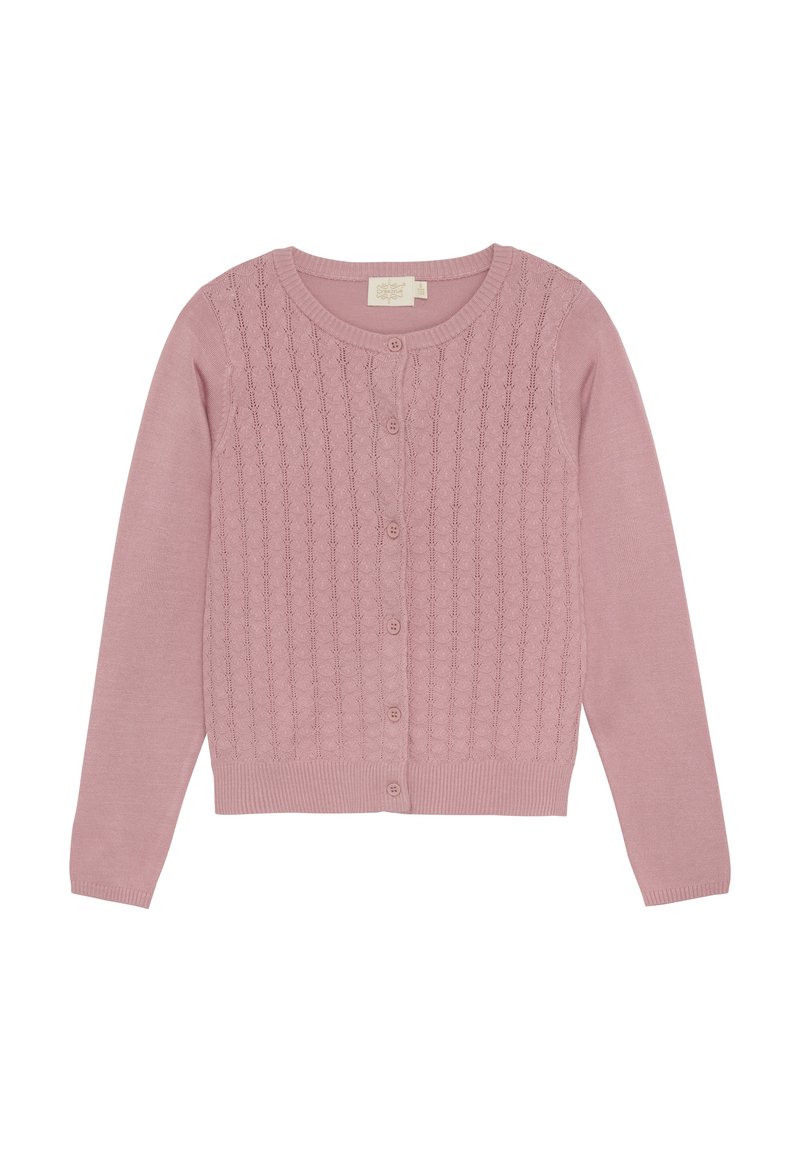 Ljusrosa stickad cardigan med ett texturerat mönster, rund halsringning, långa ärmar och knappstängning fram. Mjuk textil med ribbad nederkant.