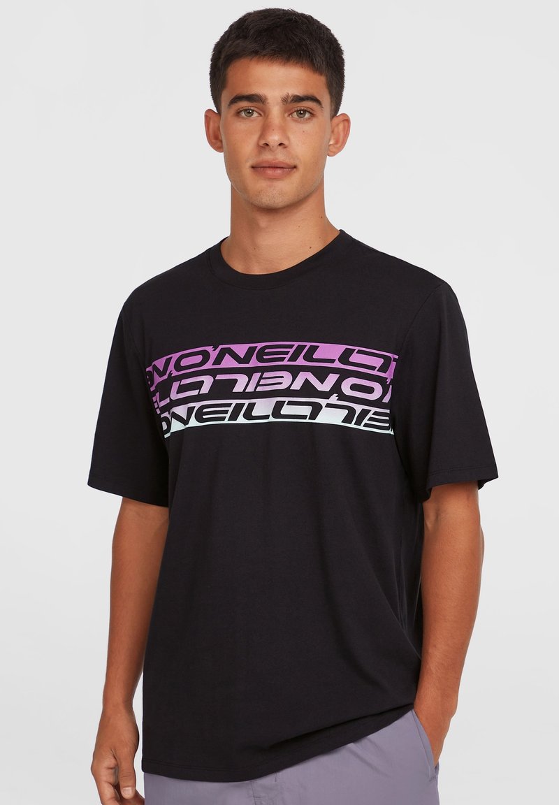 Black cotton t-shirt with short sleeves features bold multicolored "O'Neill" text across the chest in purple, pink, and blue.
