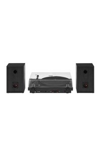 Black turntable with transparent dust cover, flanked by two matching black speakers featuring rear bass ports and red accents.