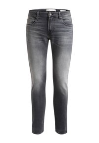 Slim-fit farkut haalistuneessa mustassa denimissä, joissa on klassinen viiden taskun muotoilu, edessä vetoketjusulku ja lievää kulumista reunoilla.