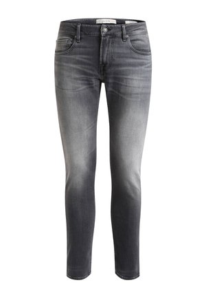 Slim-fit jeans in vervaagd zwart denim, met een klassieke vijf-pocket ontwerp, ritssluiting aan de voorkant en lichte slijtage langs de randen.