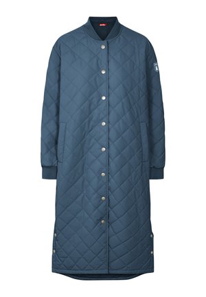 Quilted, long dark blue coat with snap buttons and side pockets. Features a ribbed collar and elastic cuffs for a fitted look.