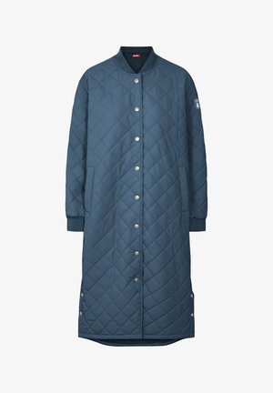 Quilted, long dark blue coat with snap buttons and side pockets. Features a ribbed collar and elastic cuffs for a fitted look.