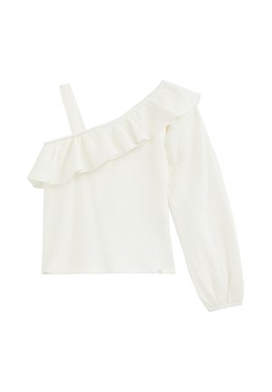 Top blanco de un solo hombro con volante en el pecho y una manga larga abullonada con puño elástico.