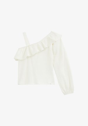 Top blanco de un solo hombro con volante en el pecho y una manga larga abullonada con puño elástico.