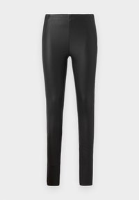 Pantaloni neri in faux leather elasticizzati con vestibilità slim, dotati di tasche laterali e una superficie liscia, progettati per una silhouette snella.