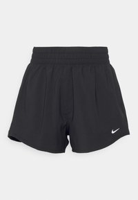 Svarta atletiska shorts med elastisk midja, gjorda av lätt material. Har en liten vit Nike-swoosh-logga på framsidan.