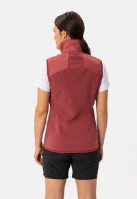 Gilet rosso senza maniche con collo alto, tessuto liscio e accenti contrasti sulle spalle. Indossato sopra una camicia bianca e pantaloni corti neri.