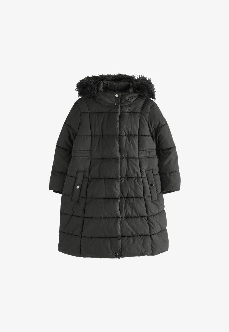 Manteau noir rembourré avec une capuche en fausse fourrure amovible, présentant un design matelassé, des fermetures à pression et deux poches latérales pour plus de commodité.