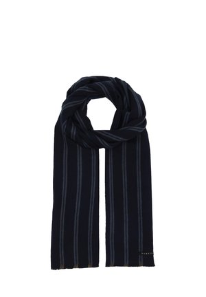 Dark blue scarf with vertical lighter blue stripes, folded in a loop with loose ends hanging down.
