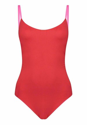 Rode badpak met dunne roze schouderbandjes en een ronde halslijn, getoond op een witte achtergrond.