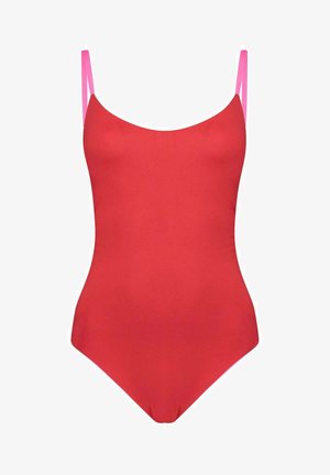 Rode badpak met dunne roze schouderbandjes en een ronde halslijn, getoond op een witte achtergrond.