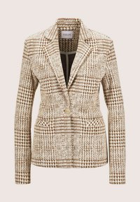 Blazer pour femmes à motif pied-de-poule beige et marron, avec col à revers, fermeture à un bouton et poches avant.