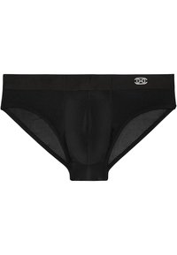 Schwarze Herrenunterwäsche aus glattem Stoff. Mit elastischem Bund und unterstützendem Pouch-Design. Akzentuiert mit einem Logodetail.