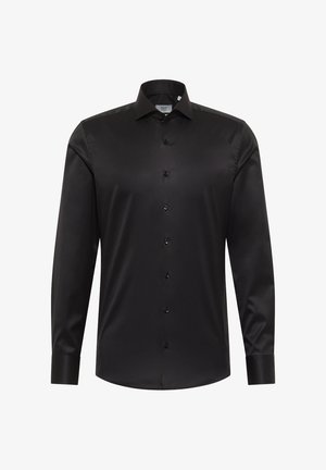 Schwarz langarm Hemd aus glattem Stoff, mit klassischem Kragen, Knopfleiste vorne und geknöpften Manschetten. Minimalsitisches Design, ohne Muster.