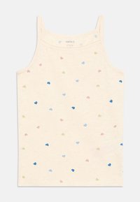 Light beige tank top with thin straps featuring a scattered heart pattern in blue, pink, and green shades. Soft cotton fabric.