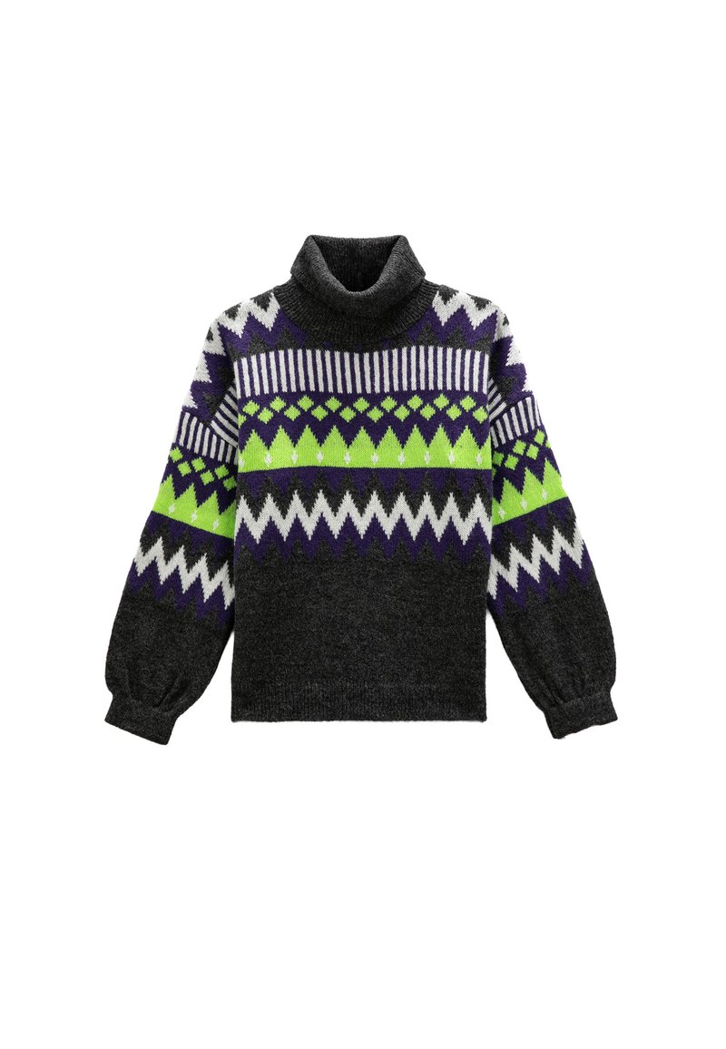 Sweter z wysokim kołnierzem typu golf w ciemnoszarym kolorze, zdobiony kolorowymi wzorami geometrycznymi w zieleni, bieli i purpurze. Rękawy w stylu balonowym z prążkowanymi mankietami.