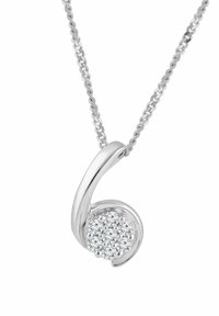 Hõbedast kaelakee, millel on keerlev muster ja ümmargune ripats, mis on kaunistatud mitme sädeleva läbipaistva kiviga, rippudes klassikalisel kettl.