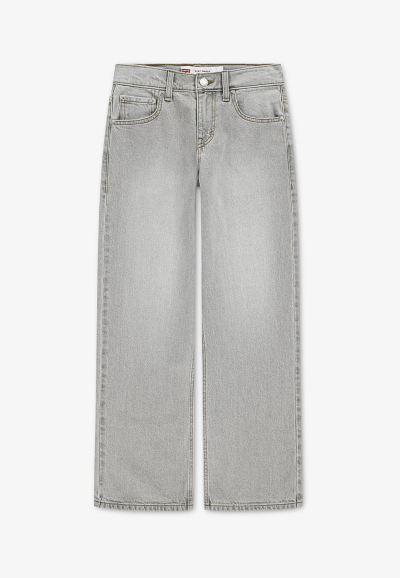 Φαρδιά τζιν παντελόνια από ανοιχτό γκρι ντένιμ με ψηλή μέση, εμπρόσθιες τσέπες, κούμπωμα με κουμπιά και αντίθετες ραφές σε όλο το μήκος.