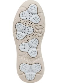 Suola delle scarpe GEOX con una base beige chiara e ammortizzazione bianca. Presenta un design bombato, perforazioni per la ventilazione e motivi testurizzati.