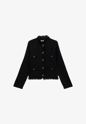 Schwarze cropped Jacke mit fransigem Saum, aus strukturiertem Stoff, mit fünf goldfarbenen Knöpfen und zwei Fronttaschen.