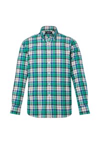 Camicia a maniche lunghe da uomo con motivo a quadri verde, blu, bianco e rosso, e colletto button-down.