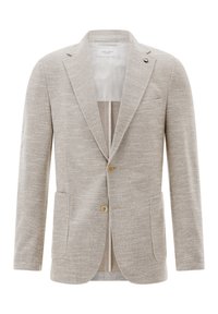 Hellbeige Blazer aus strukturiertem Stoff, einreihiges Design, zwei Fronttaschen, Reverskragen und zwei Knöpfe. Gefüttertes Innenfutter sichtbar.