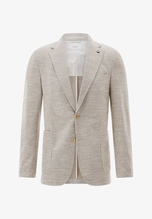 Light beige blazer in textured fabric, single-breasted design, two front pockets, notched lapels, and two buttons. Lined interior visible.